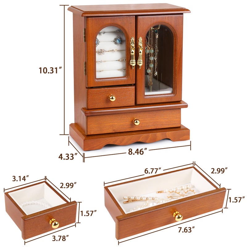 Kendal Wooden Jewelry Box for Women, Solid Jewelry Holder Organizer, Mothers Day Gifts, Wood Jewelry Case with Mirror for Necklaces, Earring, Rings (2 Side Door, Brown) - Image 4